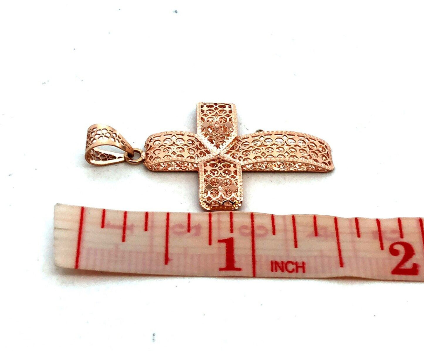 Designer QG Italy 14K Rose Gold Textured Open Work Cross Pendant