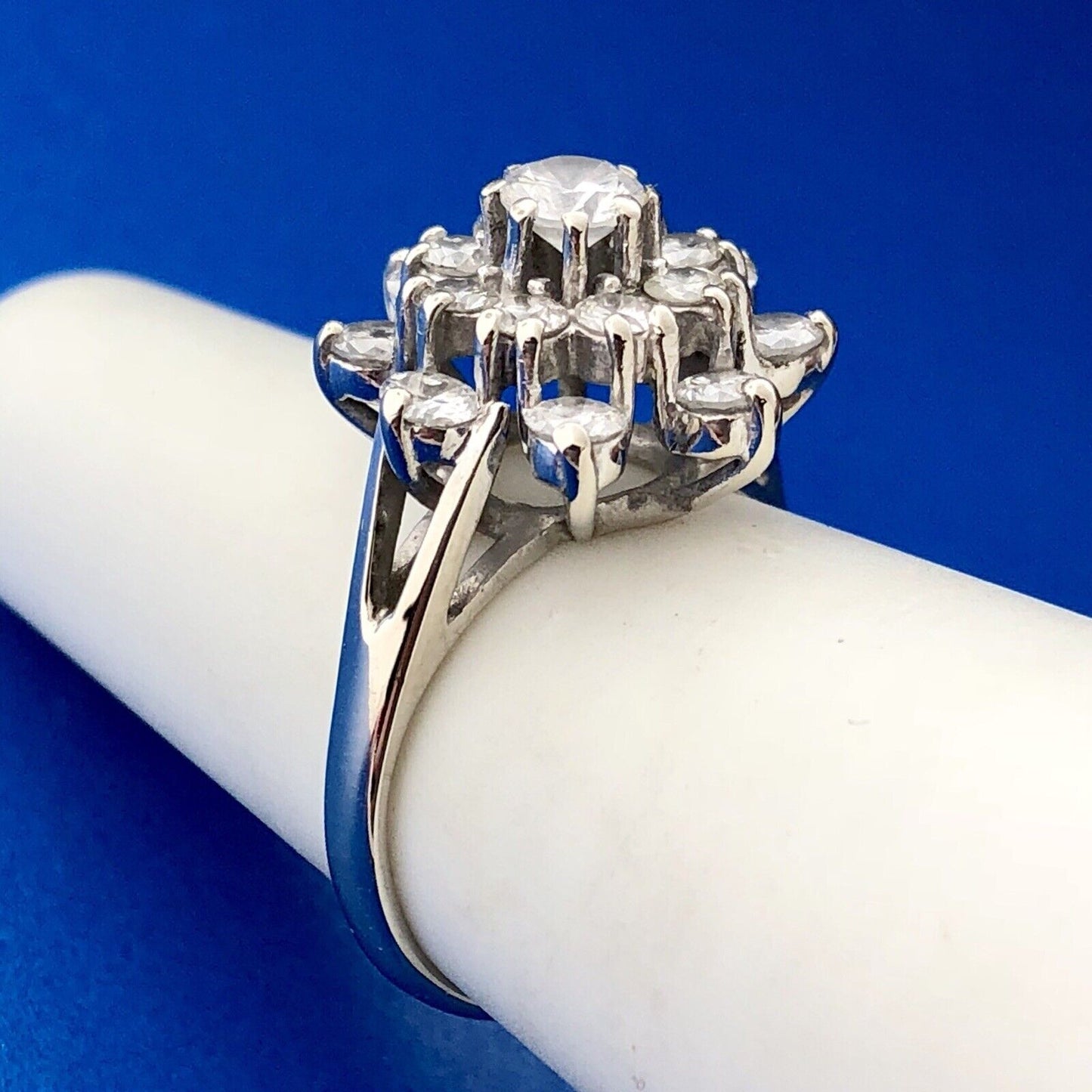 Art Deco 14K White Gold Diamond Starburst Floral Cluster Bridal Anniversary Ring