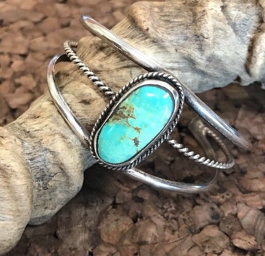 Native American Sterling Silver Oval Green Royston Turquoise Split Cuff Bracelet