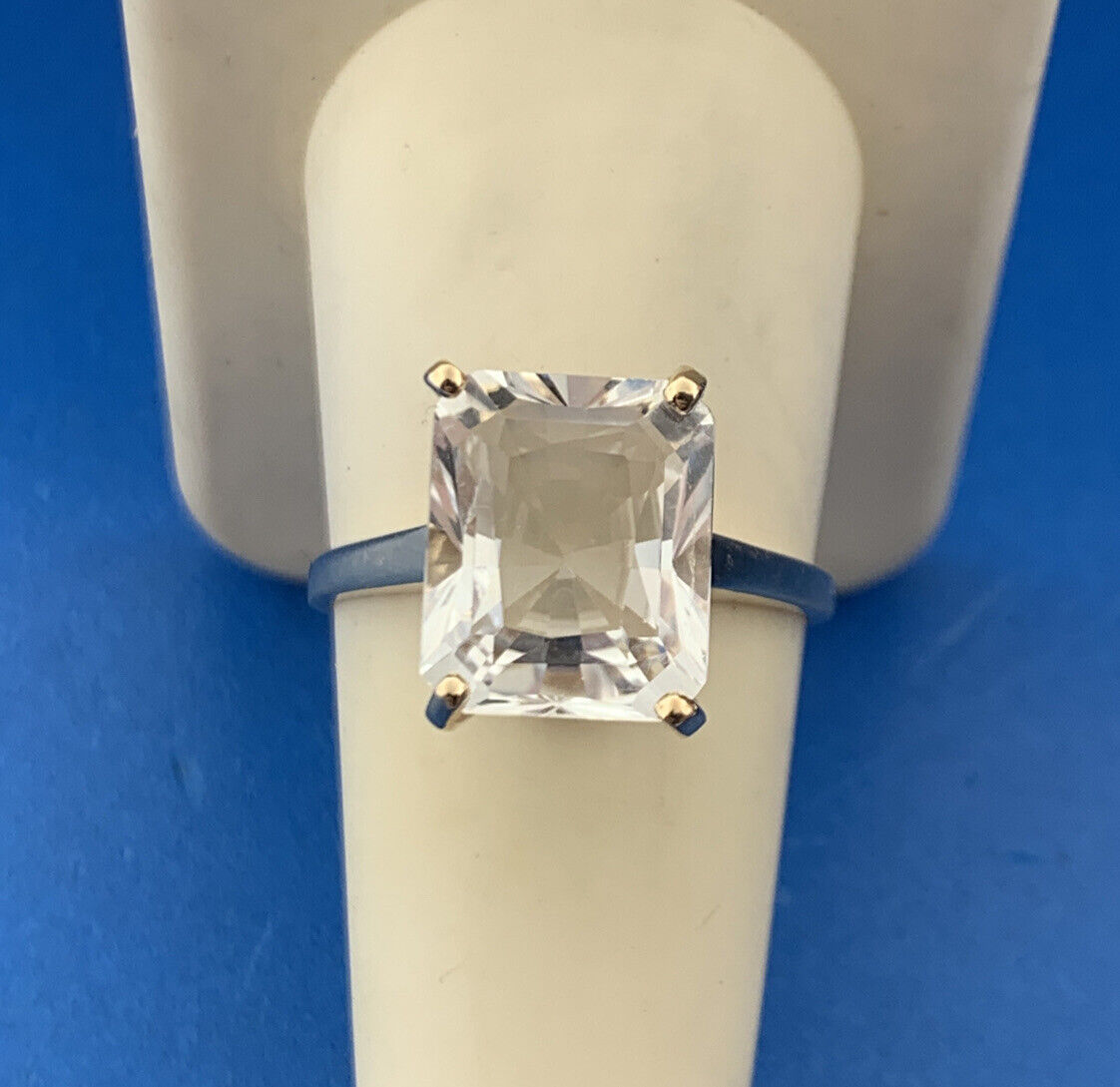 Designer 10K Yellow Gold Emerald Cut White Topaz Solitaire Statement Ring