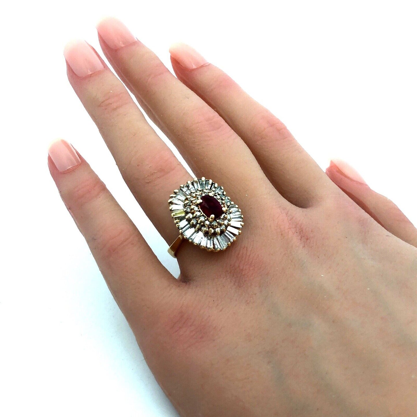 Estate 14K Yellow Gold Ruby Center Diamond Halo July Anniversary Statement Ring