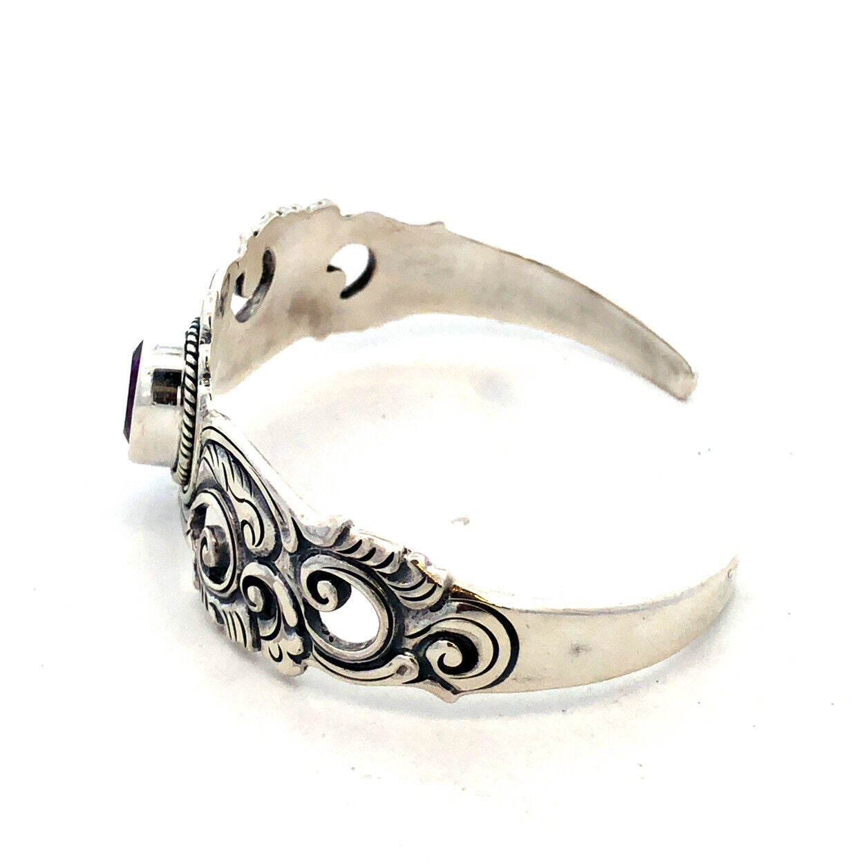 Vintage 925 Sterling Silver Oval Amethyst Floral Scroll Open Cuff Bracelet