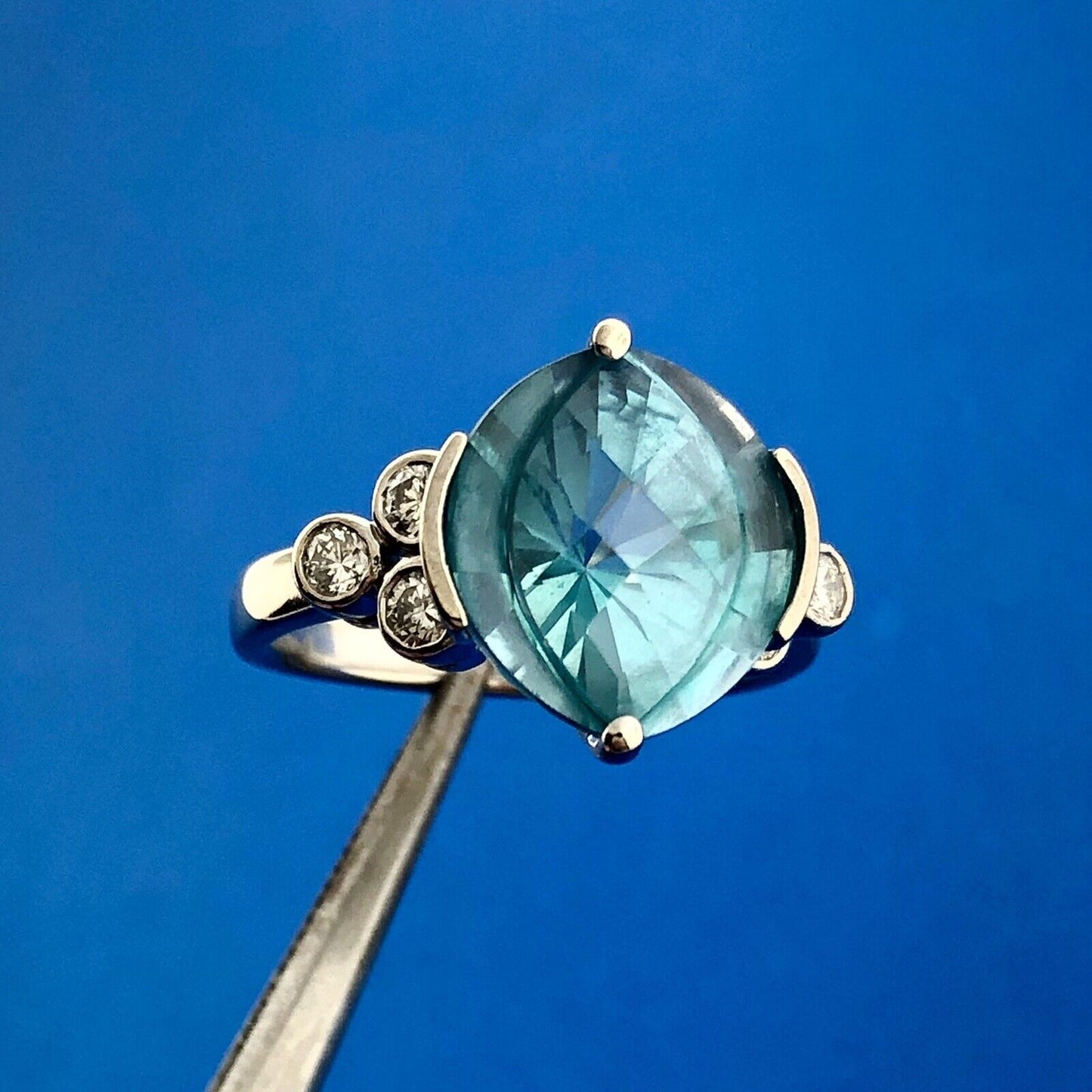 Stunning 14K White Gold Blue Topaz Diamond Accented December Anniversary Ring