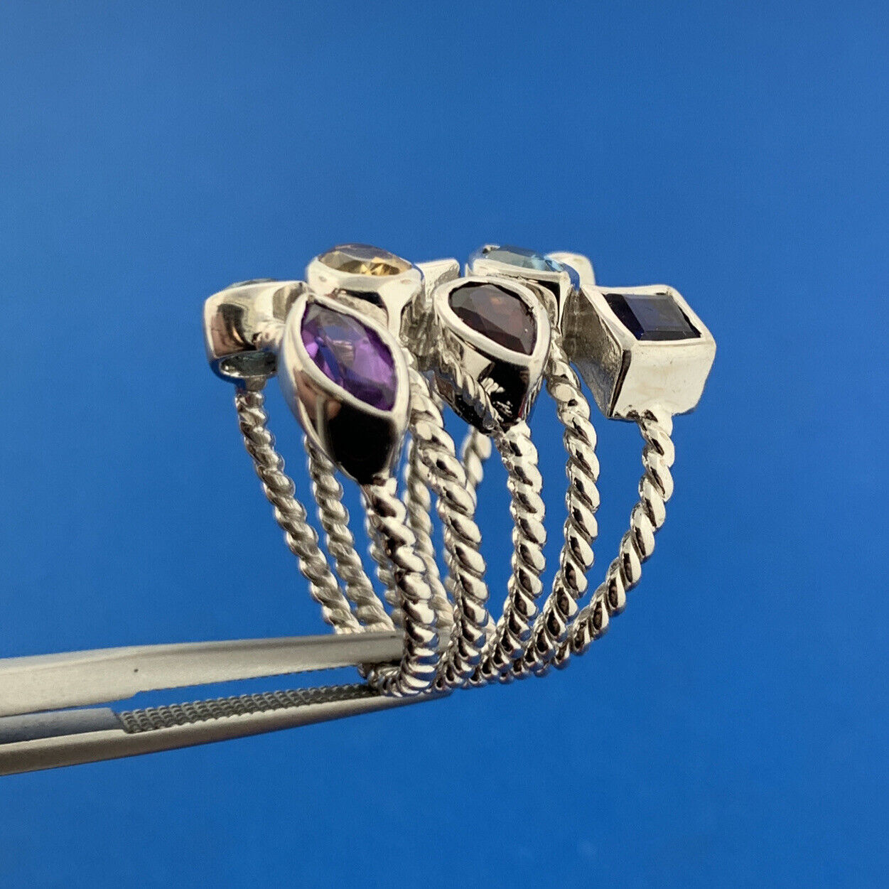 ATI 925 Sterling Silver Mixed Gemstone Five Rope Band Statement Cocktail Ring