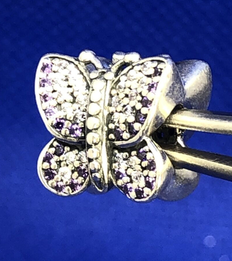 Retired PANDORA ALE 925 Sterling Silver White & Purple CZ Butterfly Charm 791257