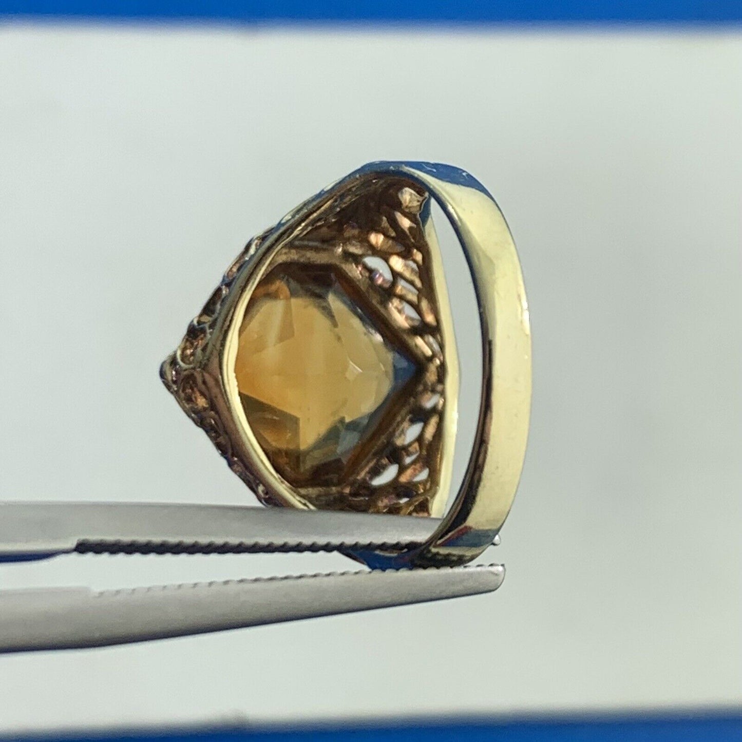 Vintage 14K Yellow Gold Square Cognac Citrine Heart Scroll Cocktail Ring