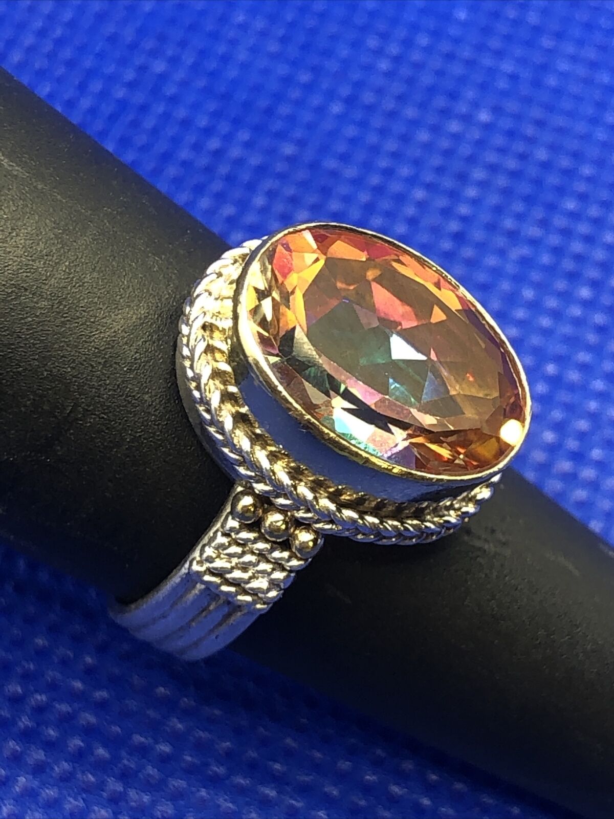 Designer Sterling Silver Oval Mystic Topaz Ribbed Twist Statement Cocktail Ring