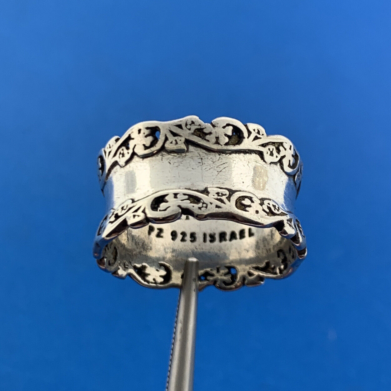 Designer PZ Israel 925 Sterling Silver Floral Scroll Wide Cigar Band Ring