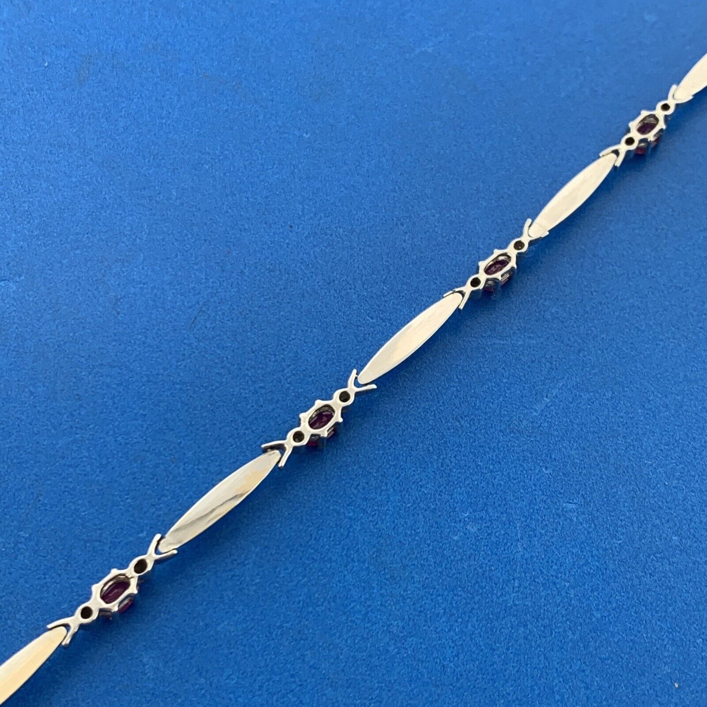 Designer 10K White Gold Oval Cut Ruby Diamond Accent Panel Link Chain Bracelet