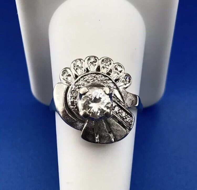 Art Deco 14K White Gold Diamond Solitaire Accents Free Form Engagement Ring