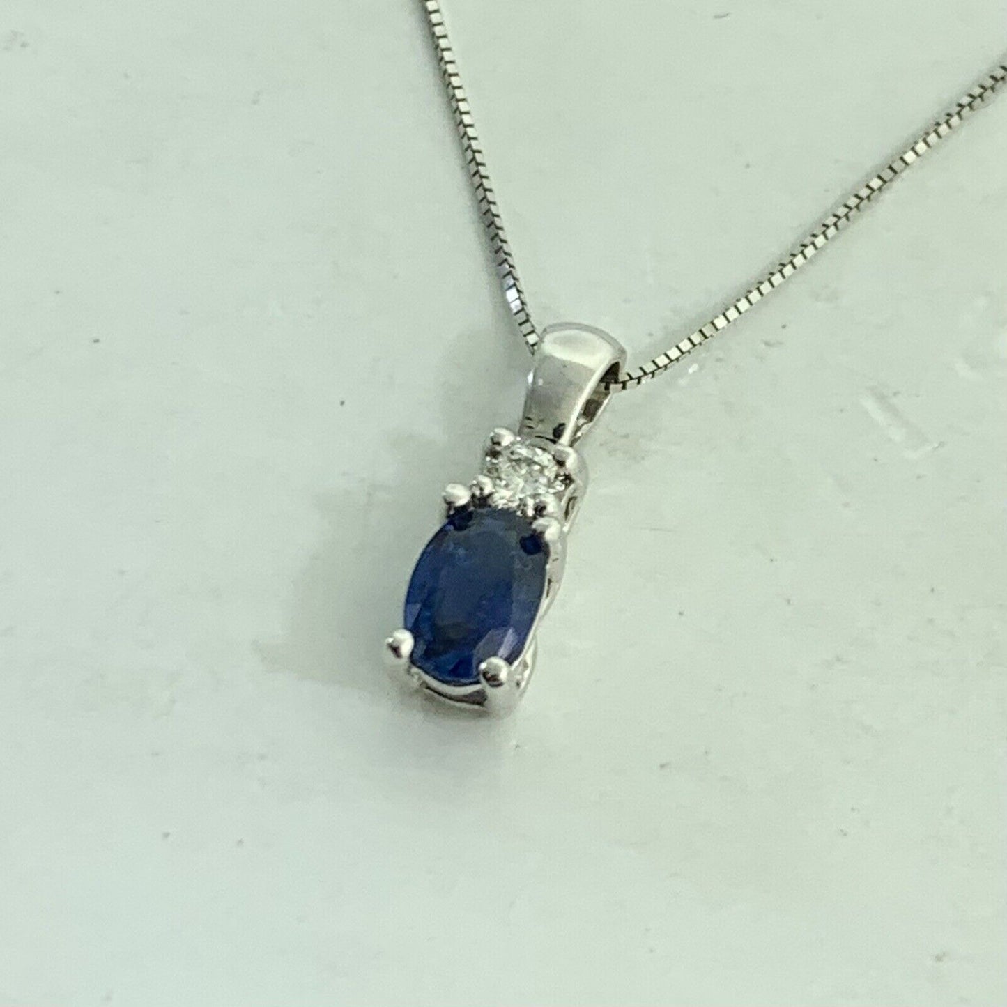 Designer 14K White Gold Oval Sapphire Round Diamond Petite Pendant Necklace
