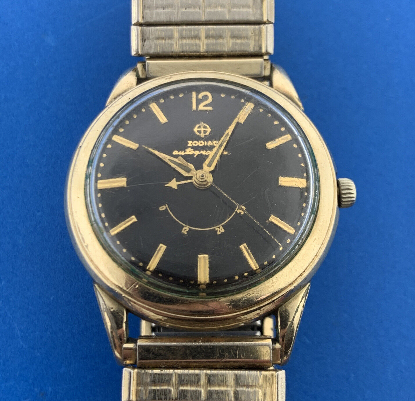 Mid Century Zodiac 10K Gold Filled Autographic Mens Flex Band Wrist Watch Runs