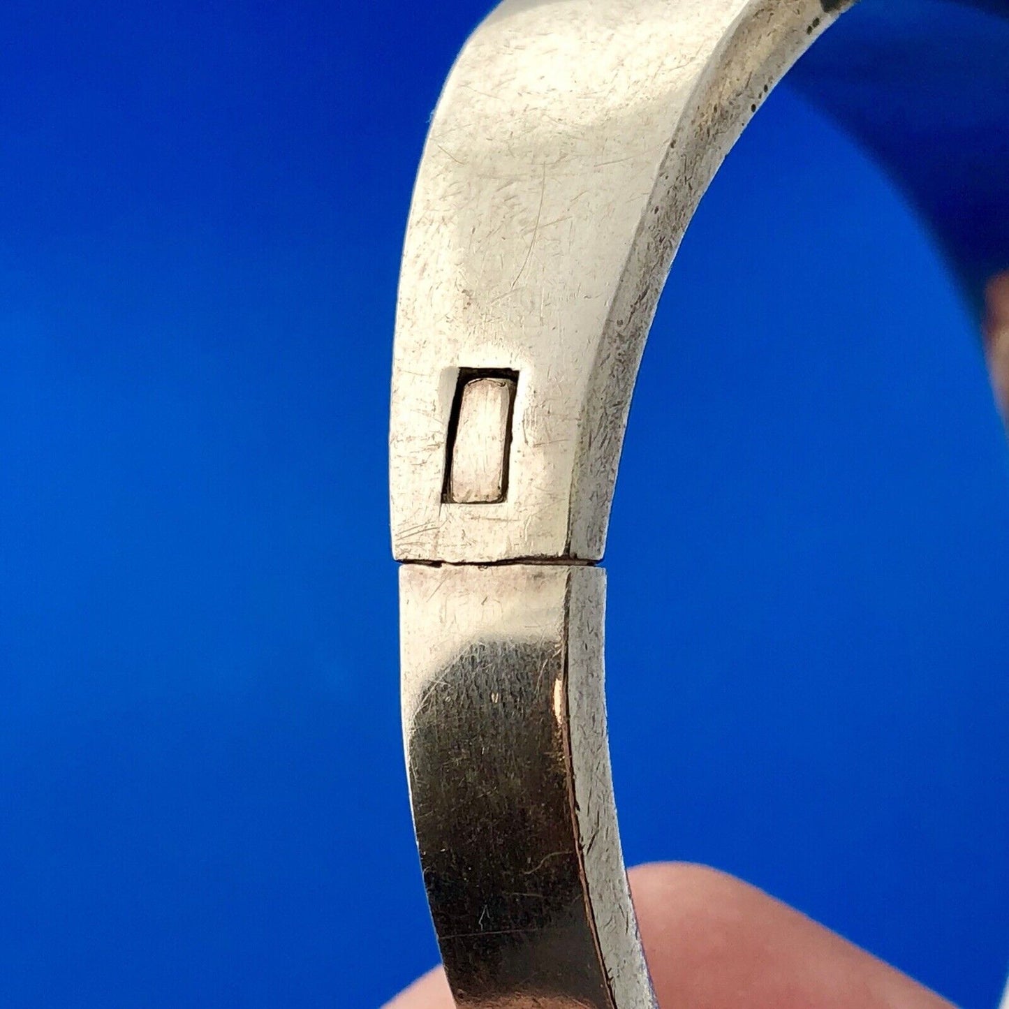 Retro Taxco Artisan 925 Sterling Silver Lapis Lazuli Inlay Hinged Cuff Bracelet