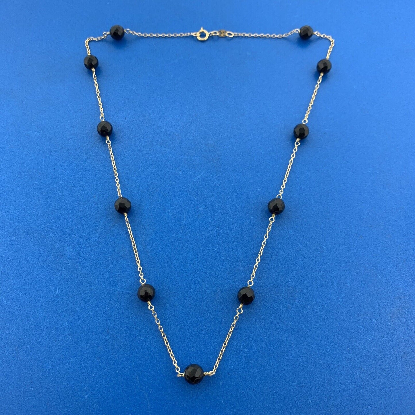 Designer 14K Yellow Gold Faceted Black Onyx Bead Station Chain Necklace