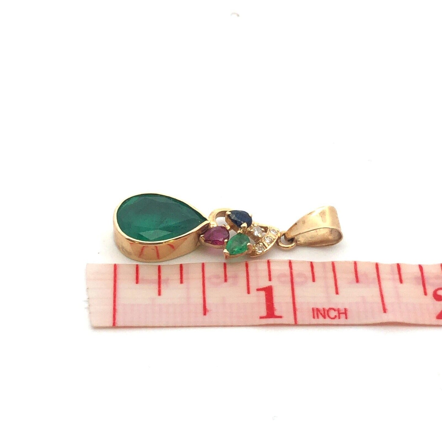 14K Yellow Gold Pear Emerald Sapphire Ruby Diamond Statement Pendant