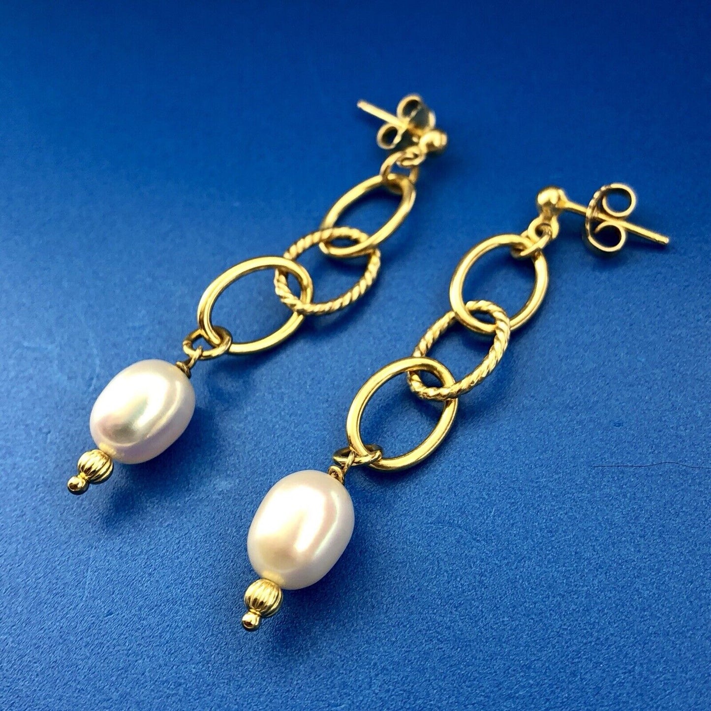 Italy Sterling Silver Vermeil Modernist Polished Twist Pearl Dangle Earrings