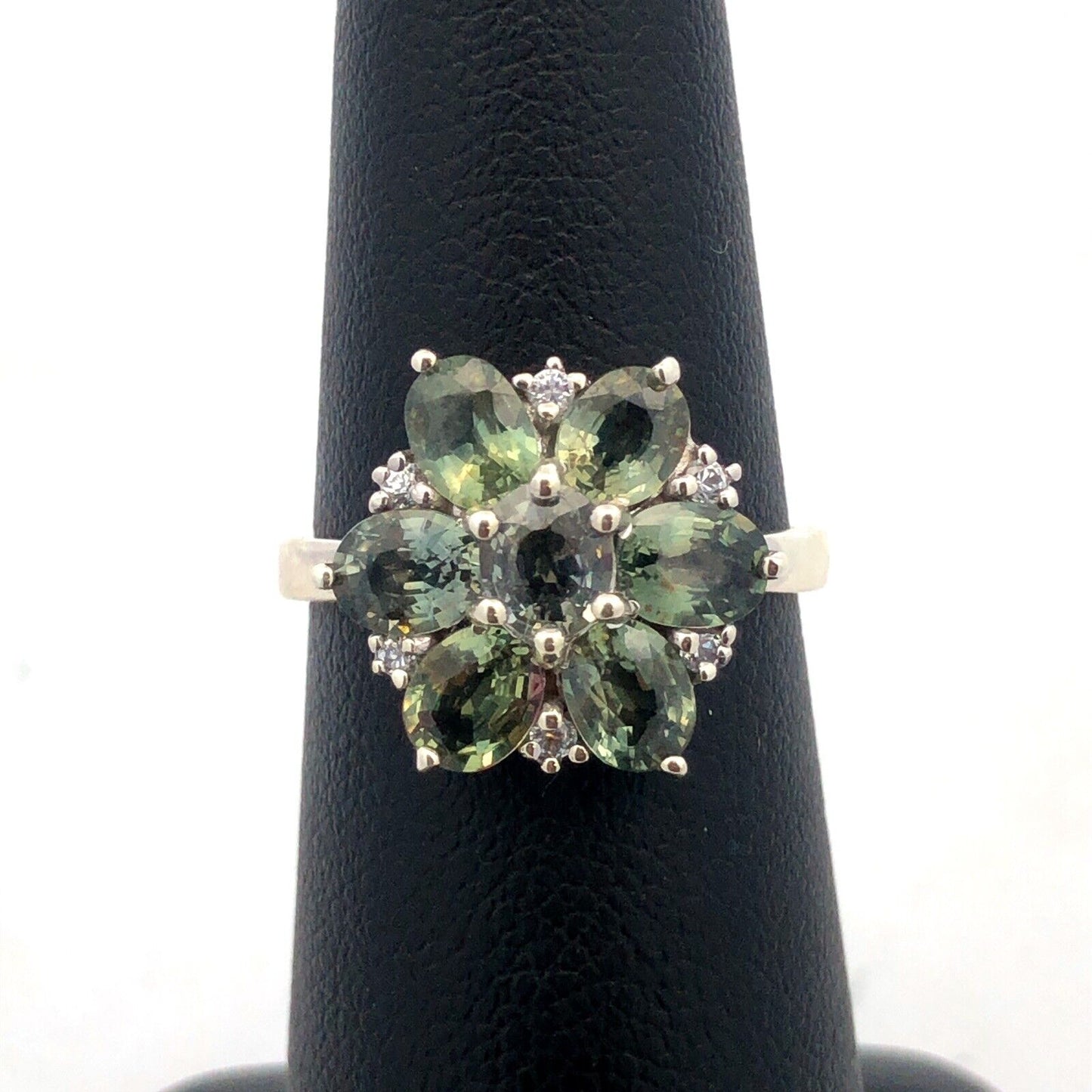 Designer TGGC 10K White Gold Oval Green Topaz Round Diamond Accent Cocktail Ring