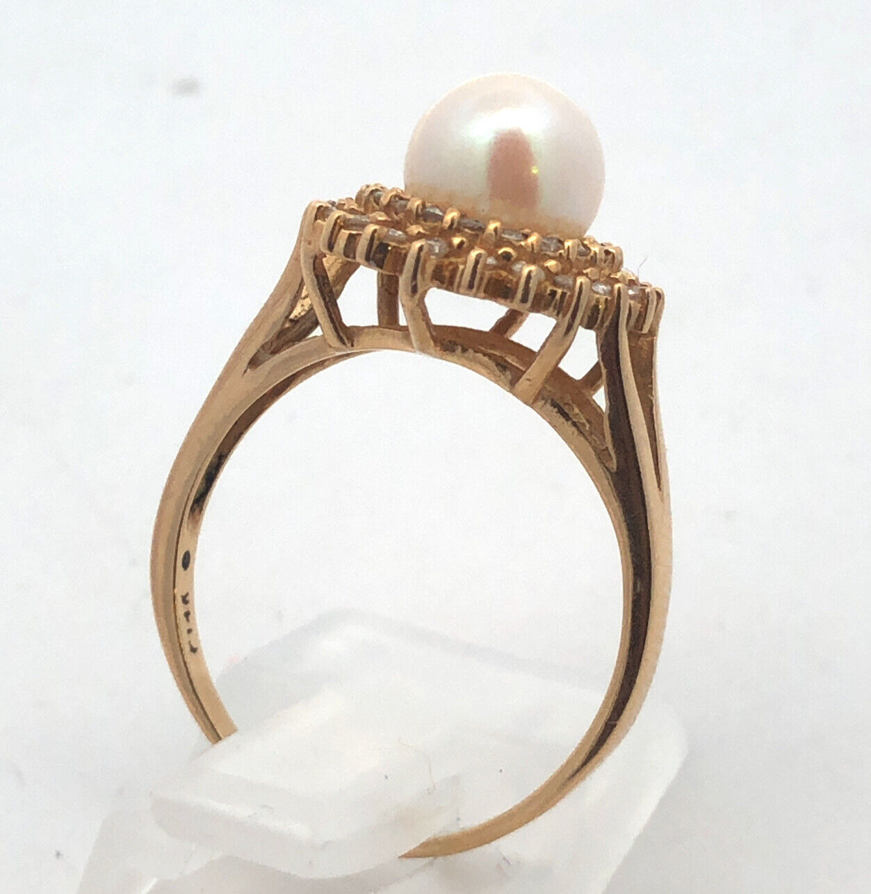 Vintage 14K Yellow Gold Pearl Solitaire Diamond Double Halo Cocktail Ring