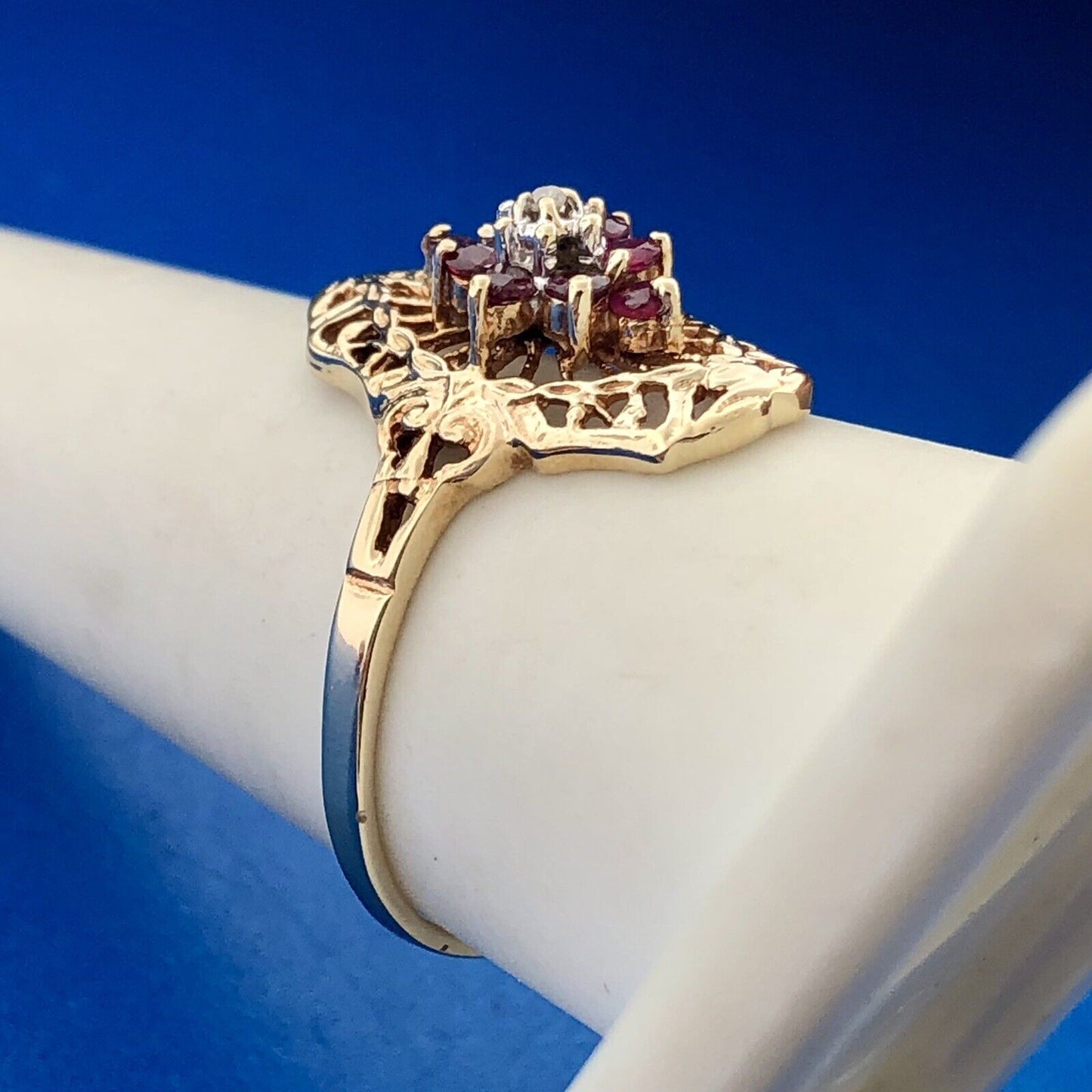 Designer JGL 10K Yellow Gold Ruby Diamond Filigree July Anniversary Ring