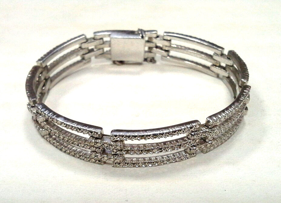 Sparkling 925 Sterling Silver Marcasite Rectangle Illusion Panel Bracelet