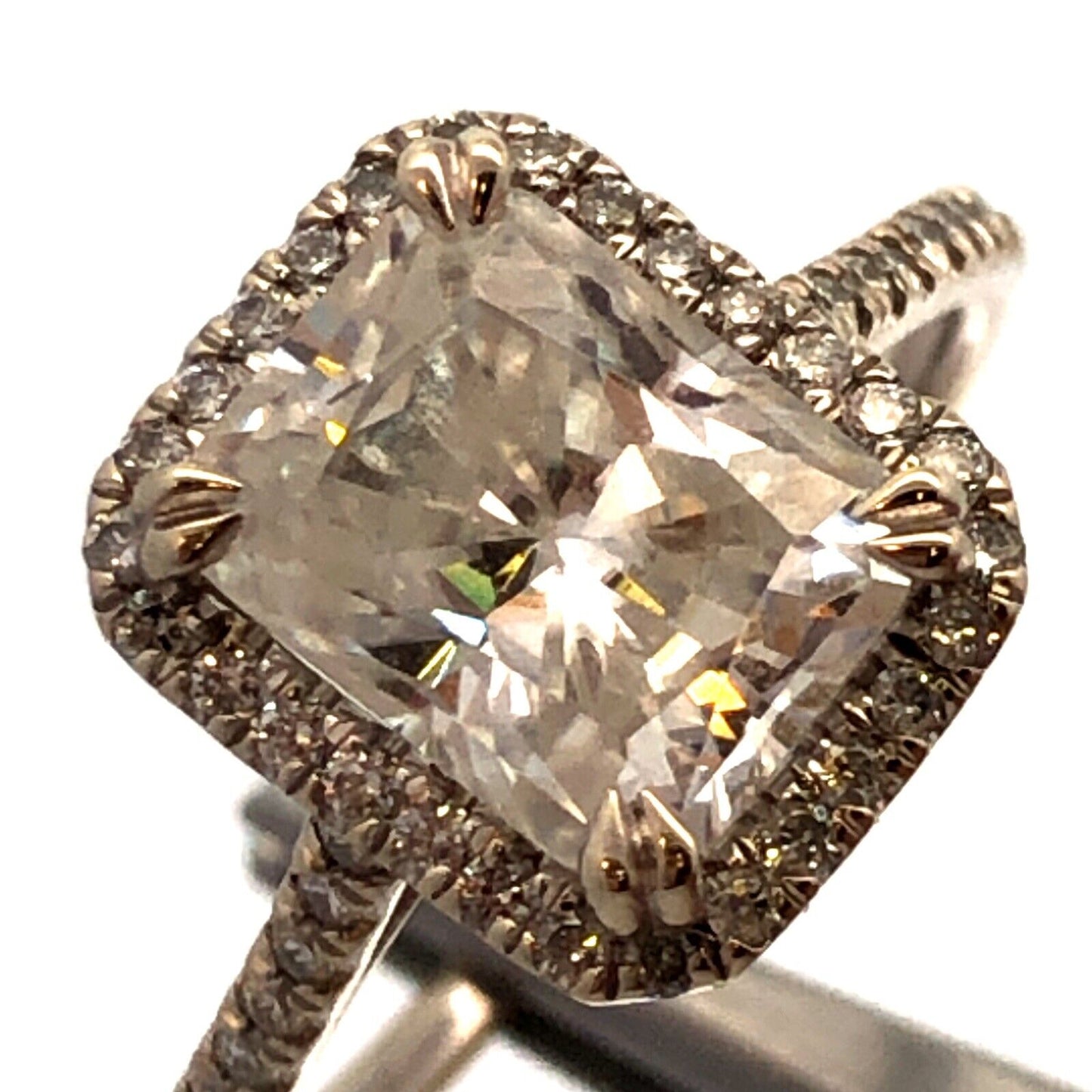 Designer 14K White Gold Emerald Cut Moissanite Halo Engagement Ring