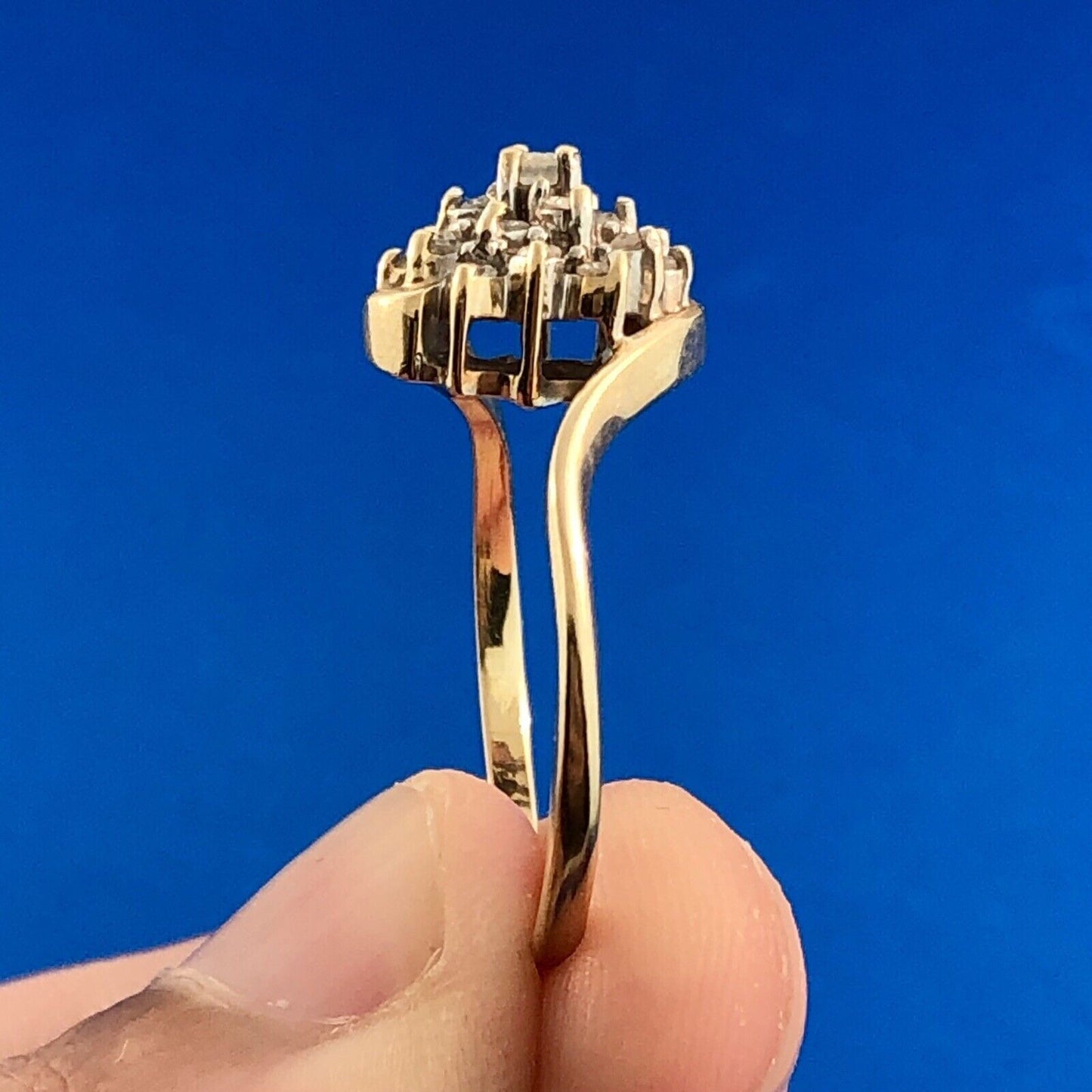 Retro 14K Yellow Gold Diamond Floral Cluster Bypass Engagement Bridal Ring