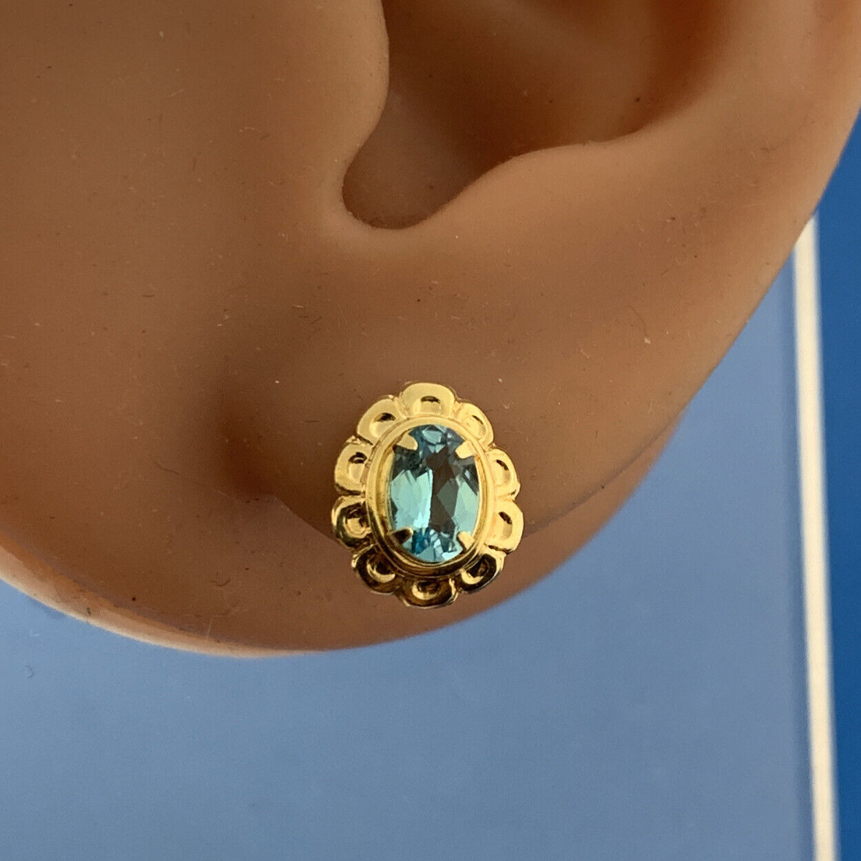 14K Yellow Gold Oval Blue Topaz December Floral Statement Stud Earrings