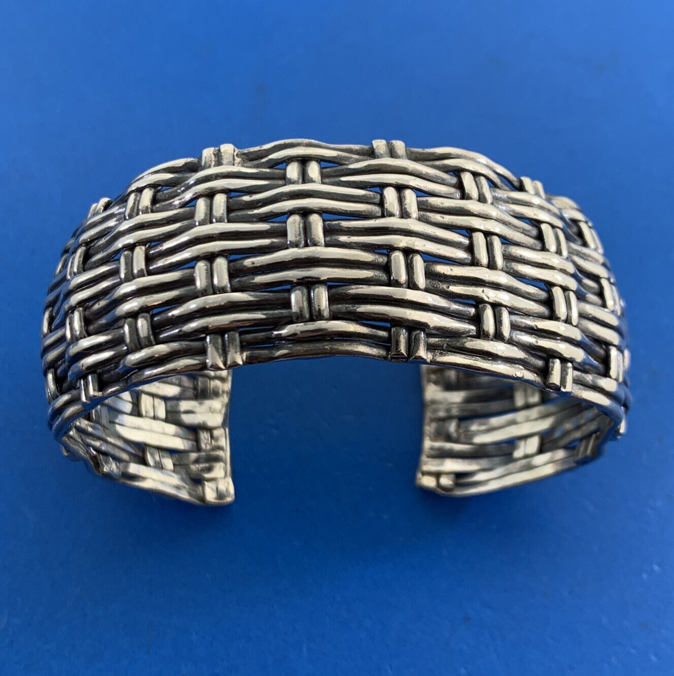 Artisan 925 Sterling Silver Basket Weave Statement Open Cuff Bracelet