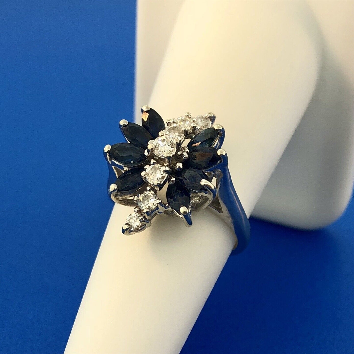 Vintage 14K White Gold Diamond Sapphire Waterfall September Anniversary Ring