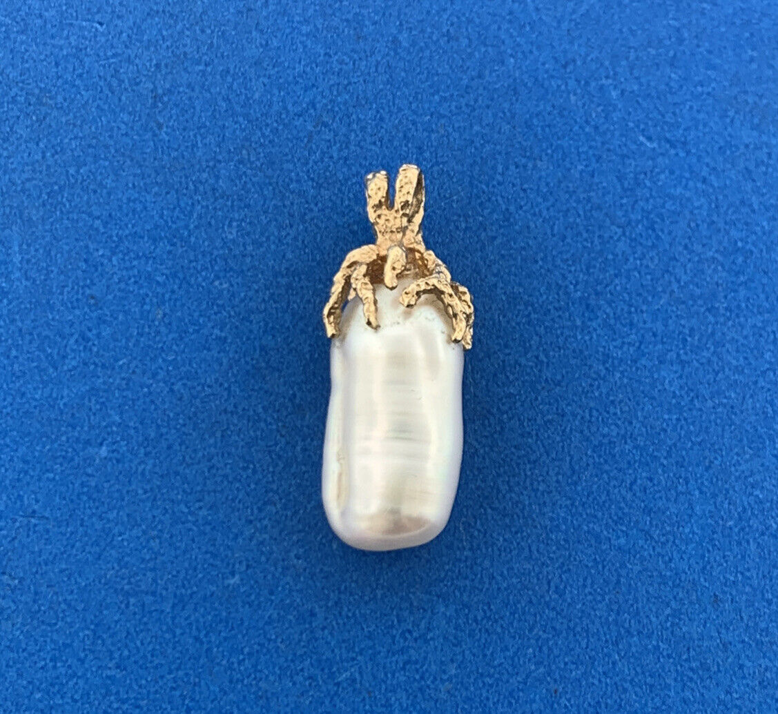 Retro 14K Yellow Gold Nugget Free Form Freshwater Pearl Statement Pendant