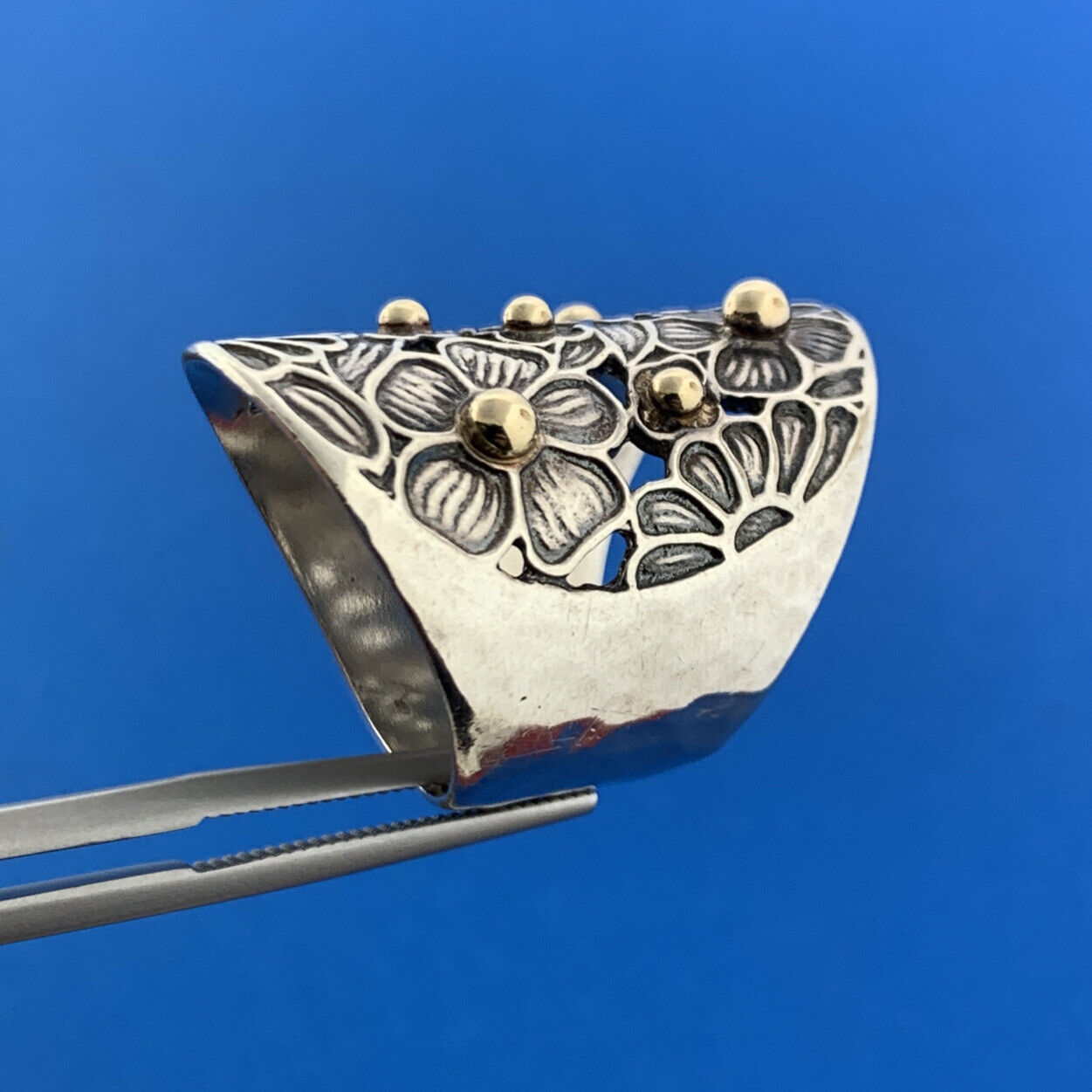 Noy Li Israel 14K Gold Sterling Silver 925 Floral Bead Motif Modernist Ring