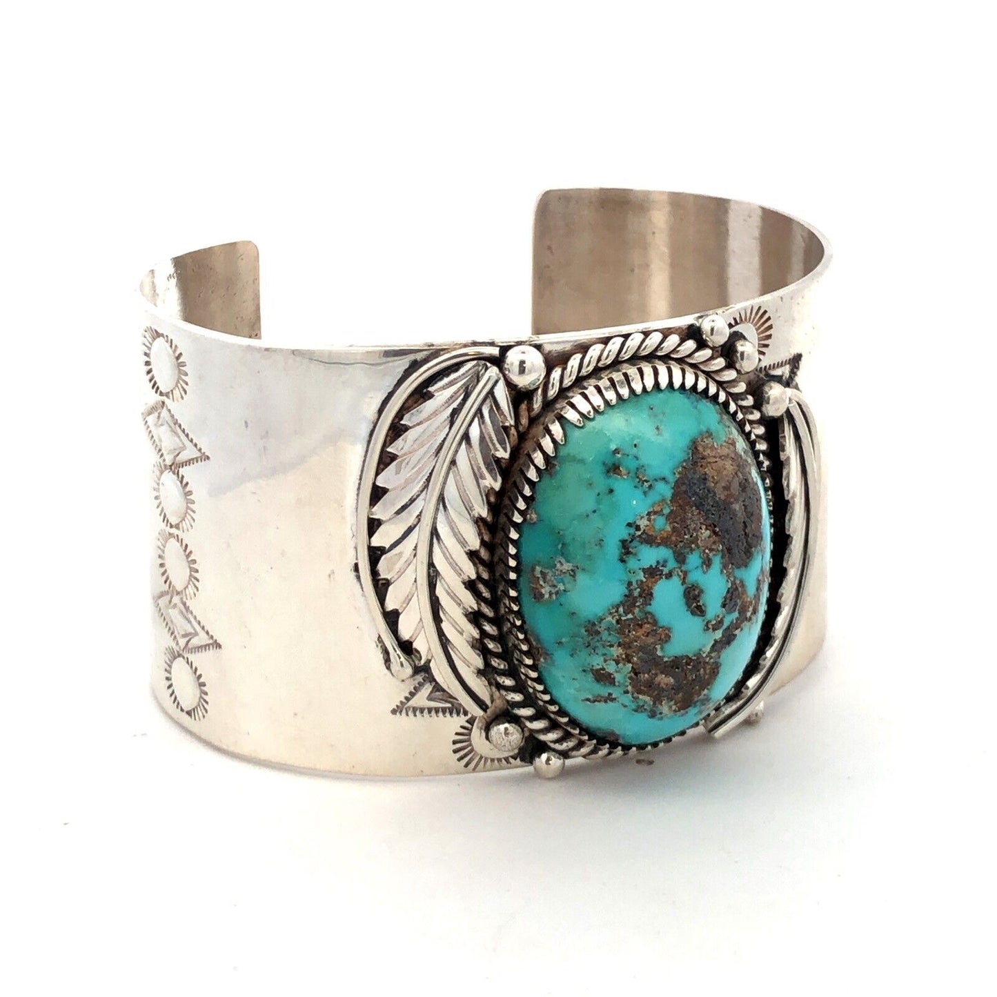 Native American Marian Nez 925 Sterling Silver Oval Turquoise Wide Cuff Bracelet
