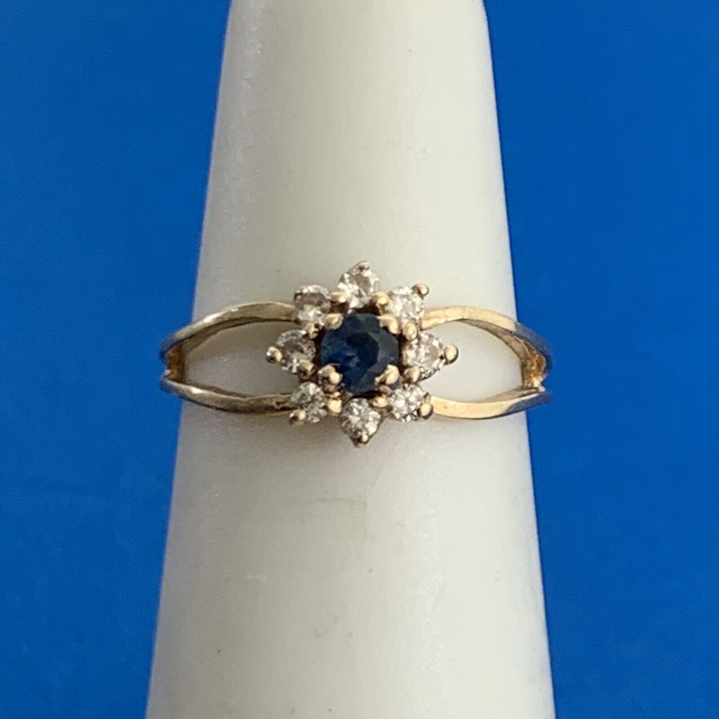 Designer 14K Yellow Gold Round Blue Sapphire Diamond Accent Cocktail Ring