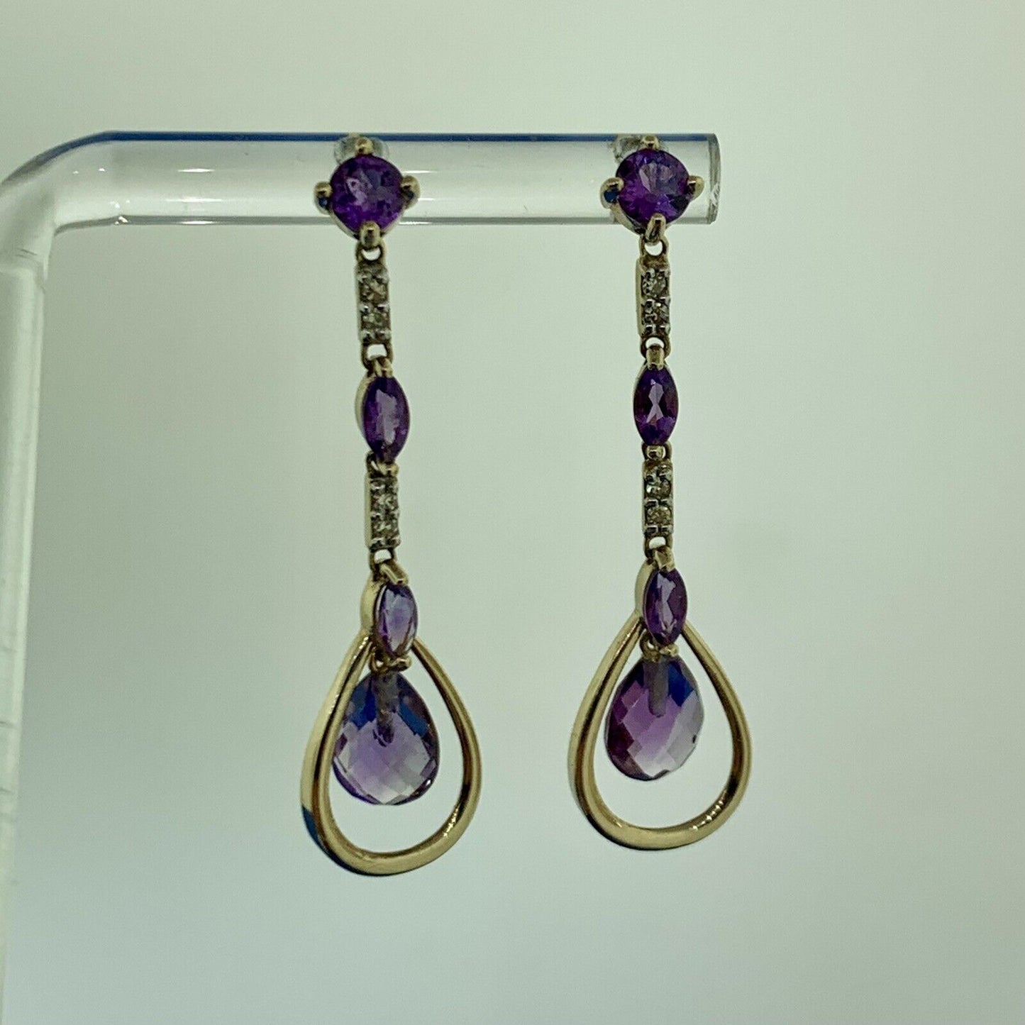 Designer 10K Yellow Gold Amethyst Diamond Accented Drop Dangle Stud Earrings
