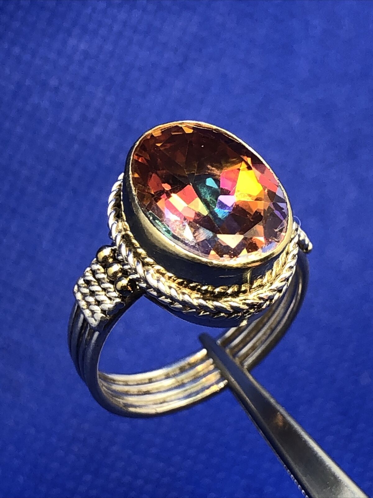 Designer Sterling Silver Oval Mystic Topaz Ribbed Twist Statement Cocktail Ring