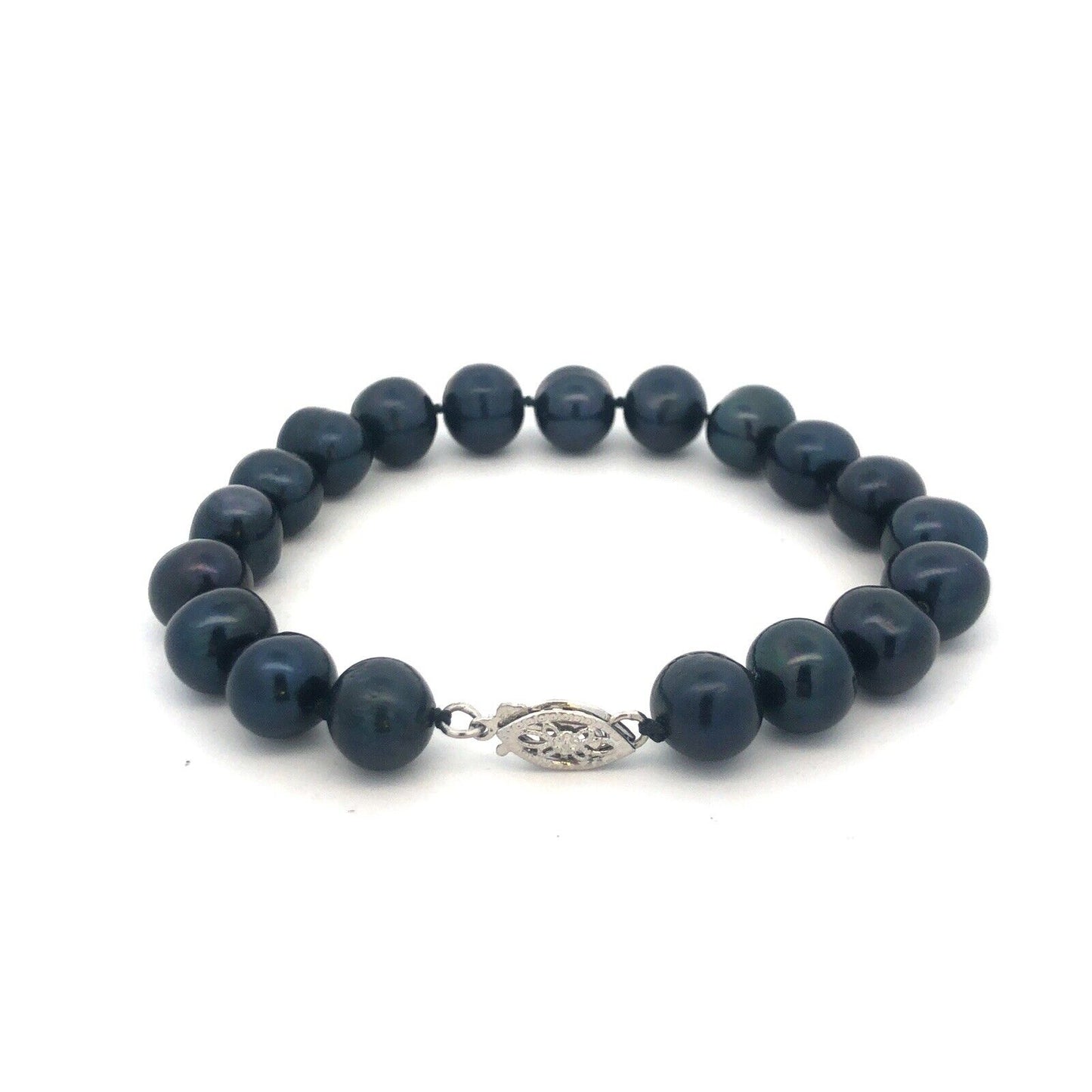 Gorgeous 14k White Gold Black Pearl 7.5" Strand String Bracelet