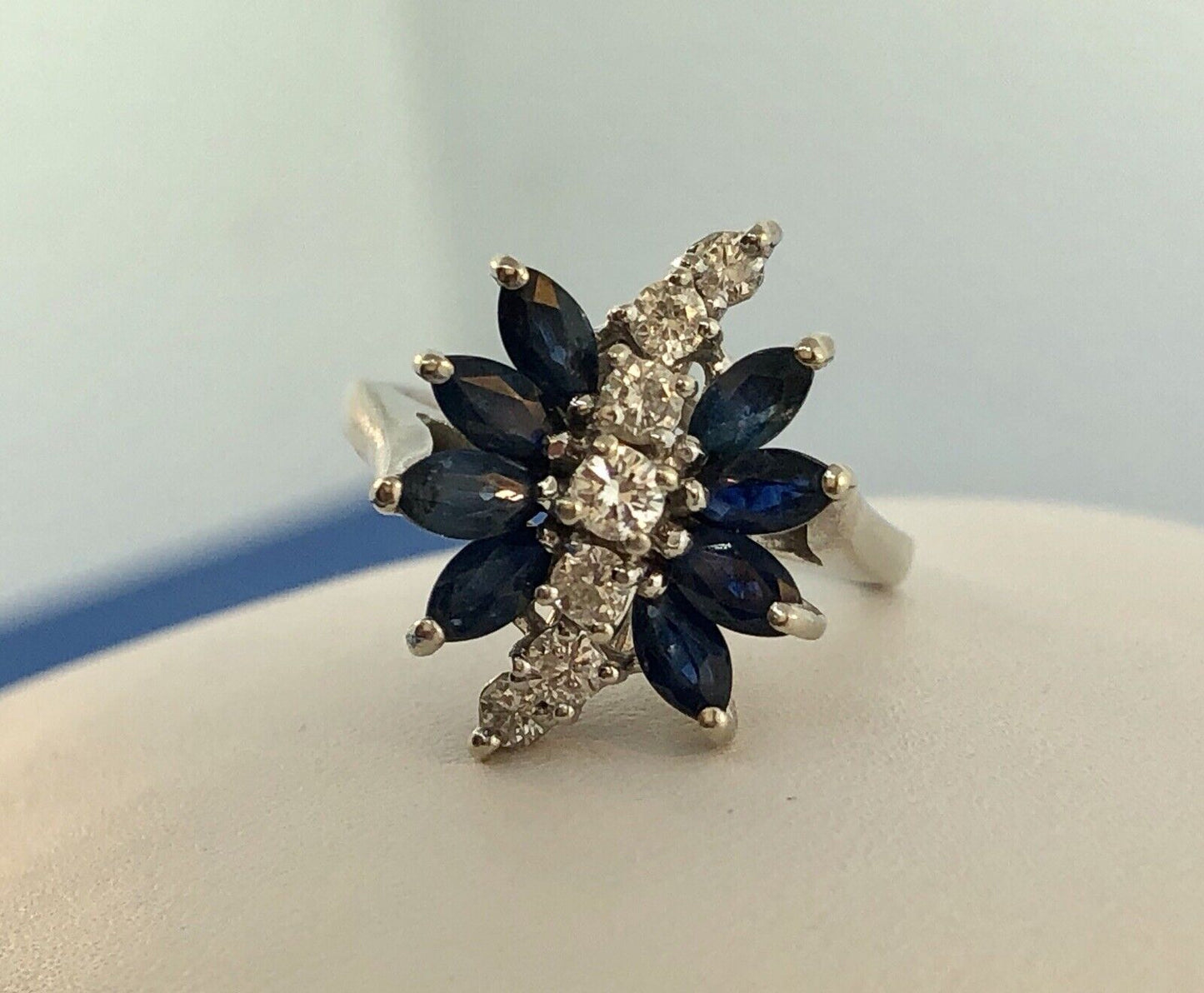 Vintage 14K White Gold Diamond Sapphire Waterfall September Anniversary Ring