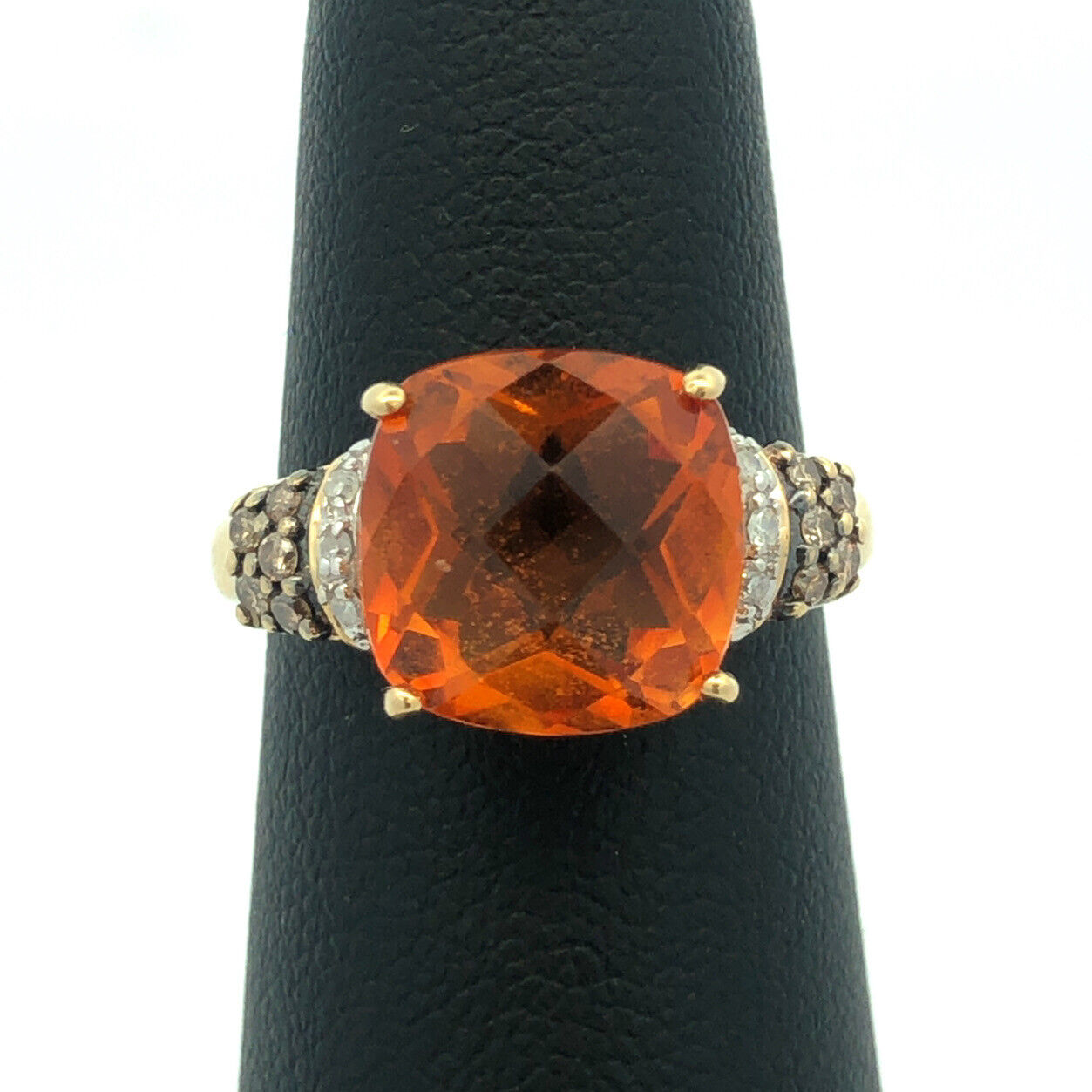 14K Yellow Gold Faceted Cushion Citrine Chocolate White Diamond Cocktail Ring