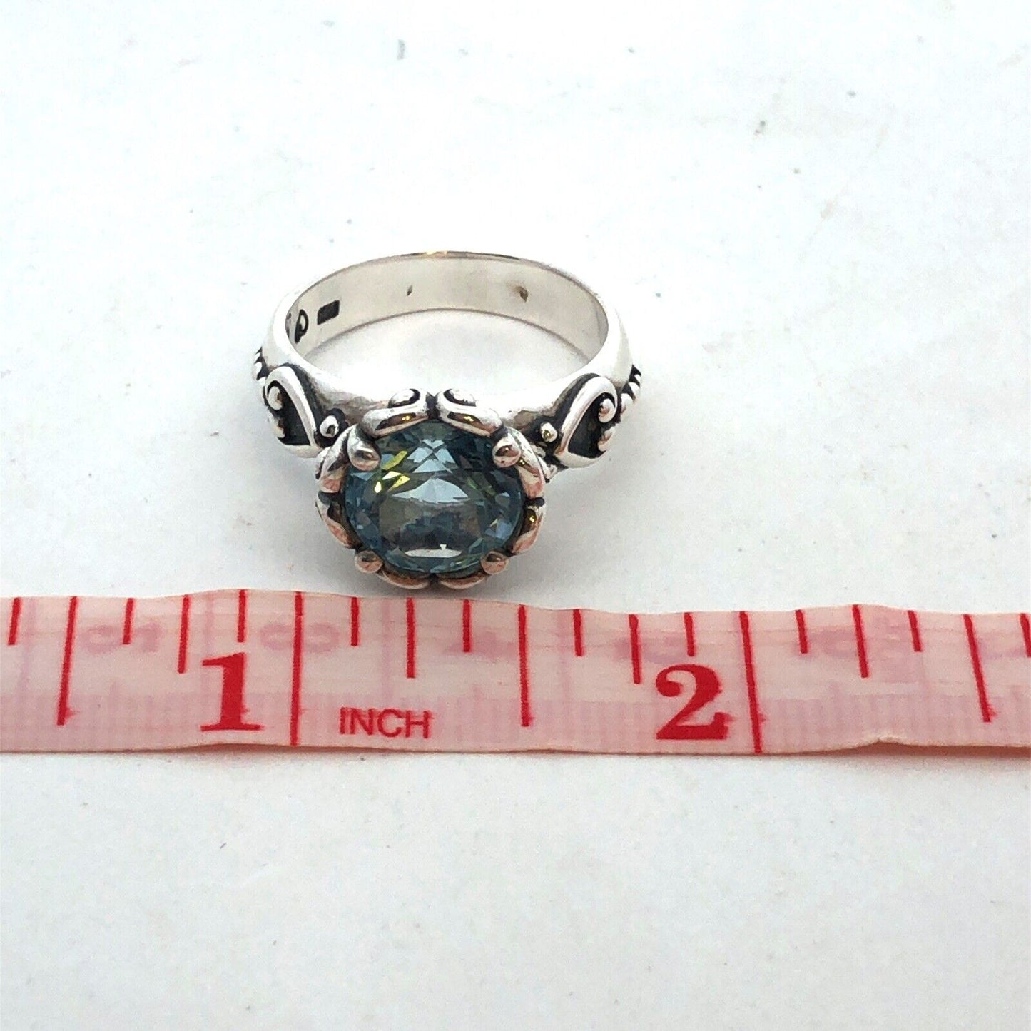 Designer 925 Sterling Silver Round Blue Topaz Solitaire Heart Scroll Ring