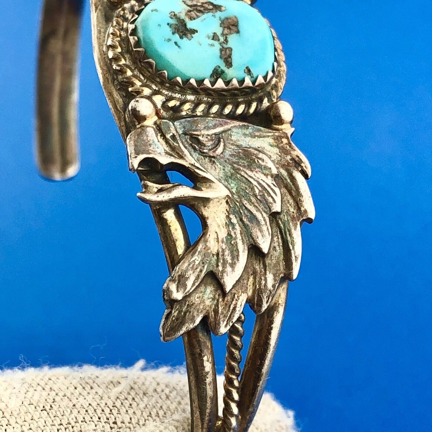 Stunning Sterling Silver Cabochon Turquoise Native American Eagle Cuff Bracelet