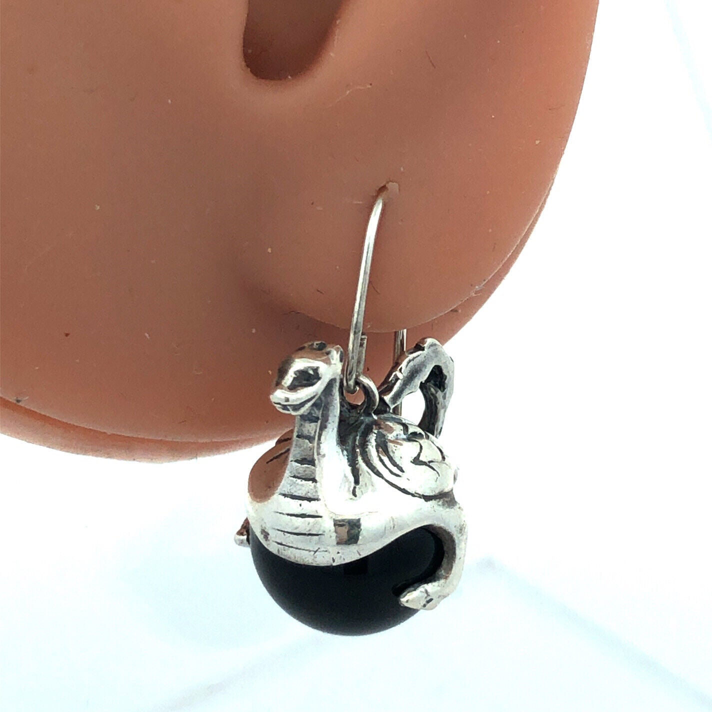 Museum Fine Arts MFA 925 Sterling Silver Round Black Onyx Dragon Globe Earrings