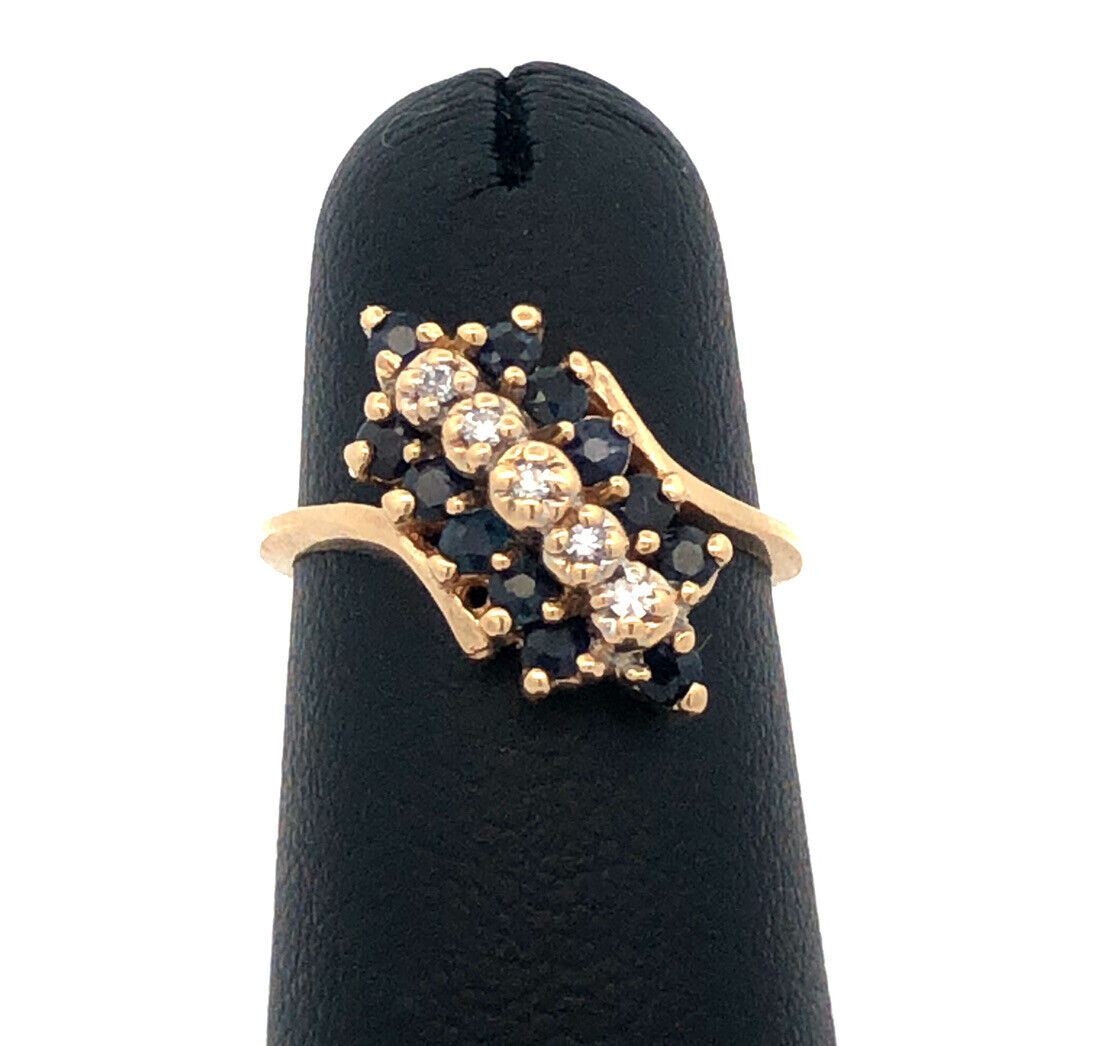 Designer WW 10K Yellow Gold Round Sapphire Diamond Oval Bypass Cluster Ring