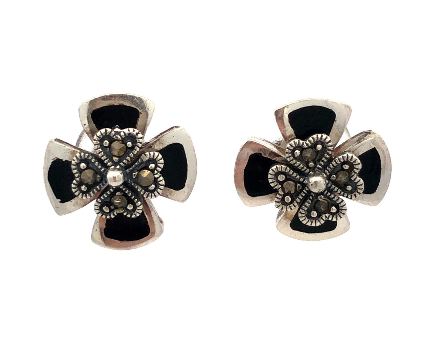 Estate Sterling Silver Black Onyx Inlay Marcasite 4 Leaf Clover Stud Earrings
