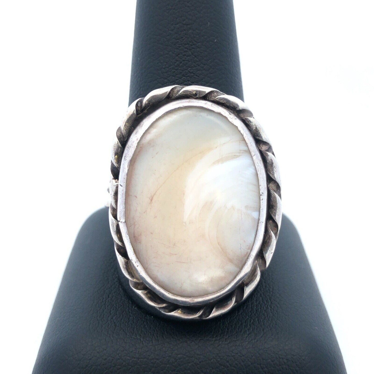 Vintage 925 Sterling Silver Oval White Lace Agate Cabochon Large Size 12.5 Ring
