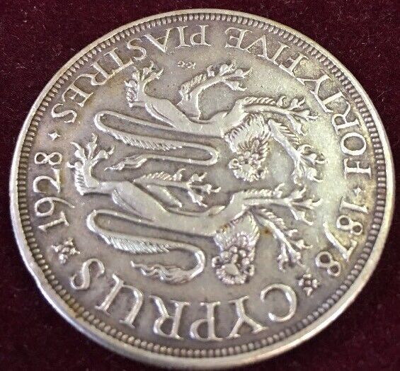 1928 Cyprus Silver 45 Piastres XF Cleaned