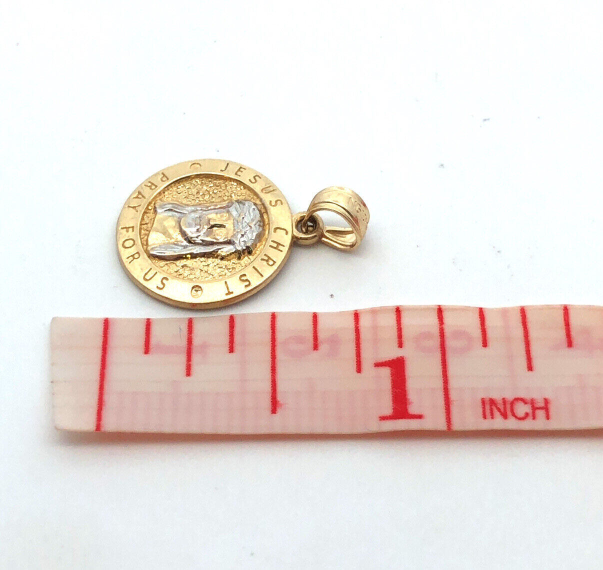 10K Yellow White Gold Designer NG Jesus Christ Pray For Us Round Pendant