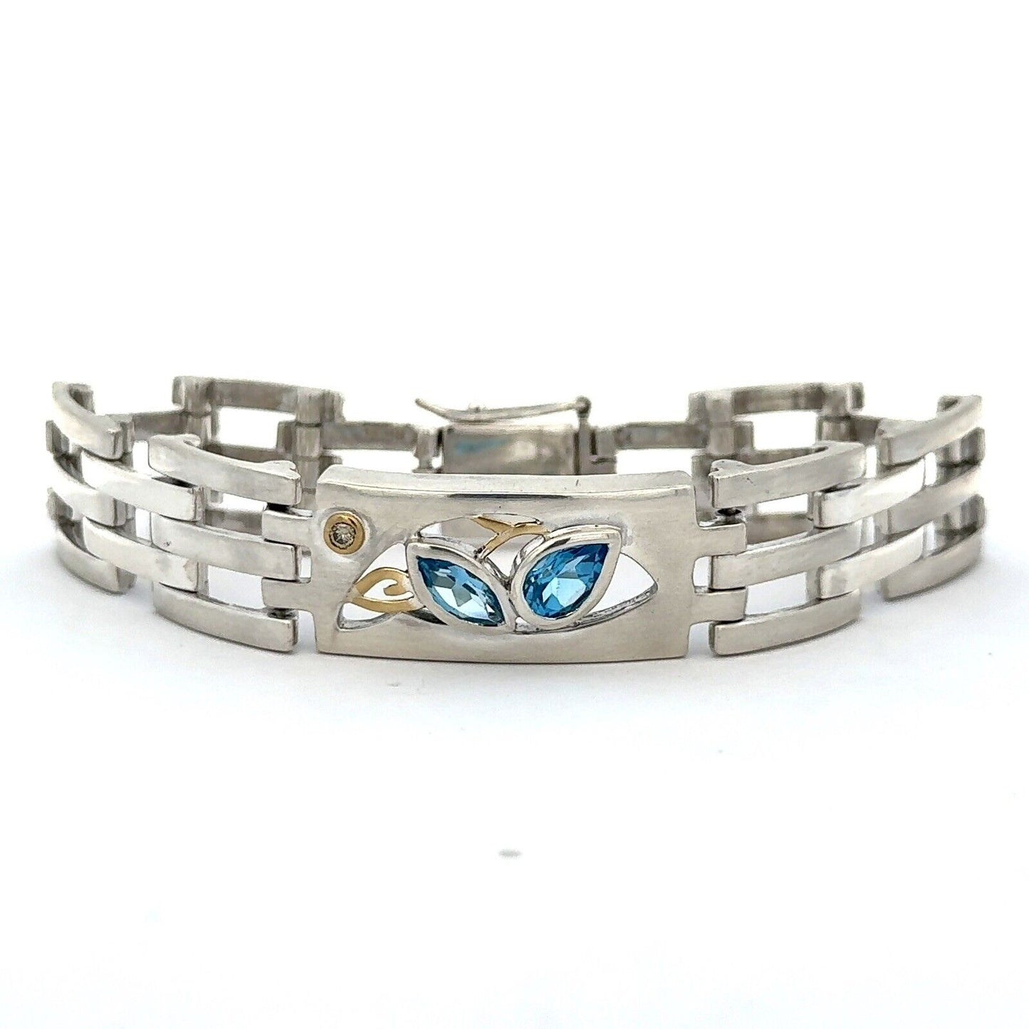 Unisex 18K Yellow Gold Sterling Silver Blue Topaz Diamond Modernist Bracelet