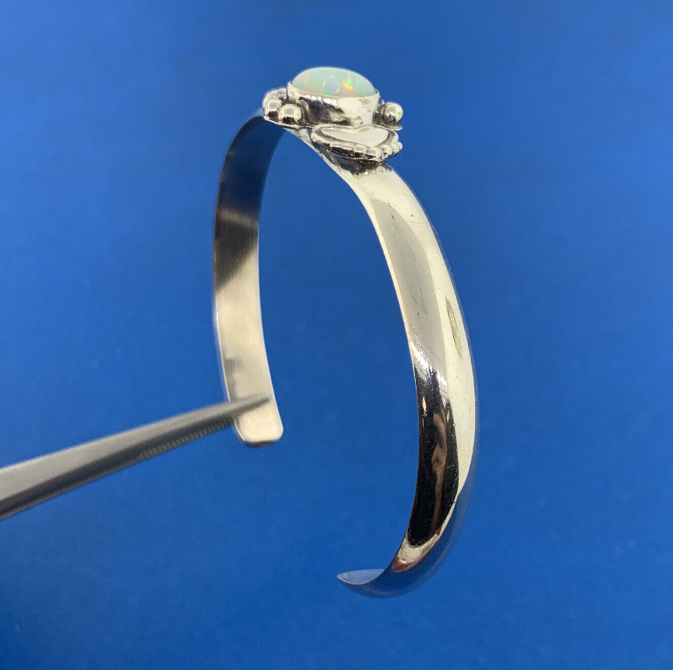 Native American CS Sterling Silver 925 Oval Synthetic Opal Heart Cuff Bracelet