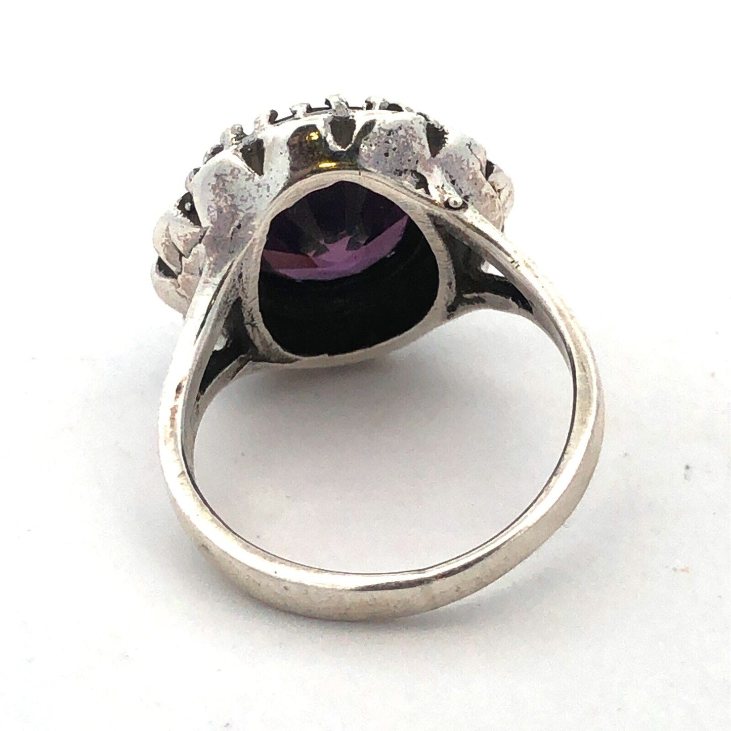 Vintage F 925 Sterling Silver Round Amethyst Marcasite Flower Cocktail Ring