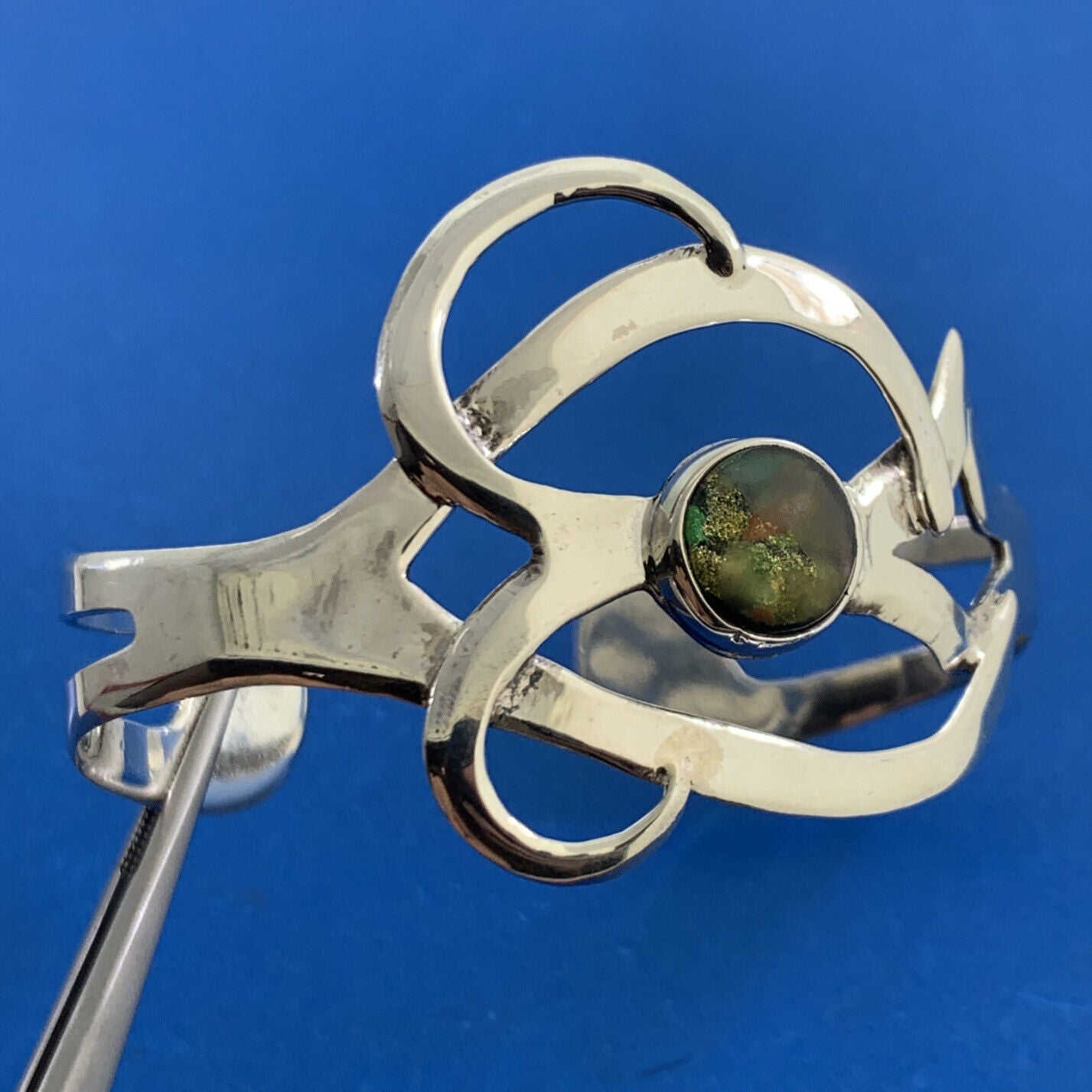 Taxco Modernist 925 Sterling Silver Art Glass Statement Open Cuff Bracelet